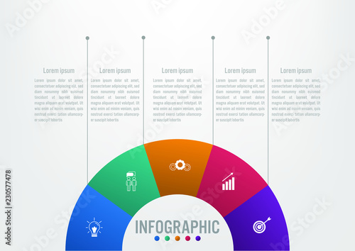 Business infographic template with 5 options half circular shape
