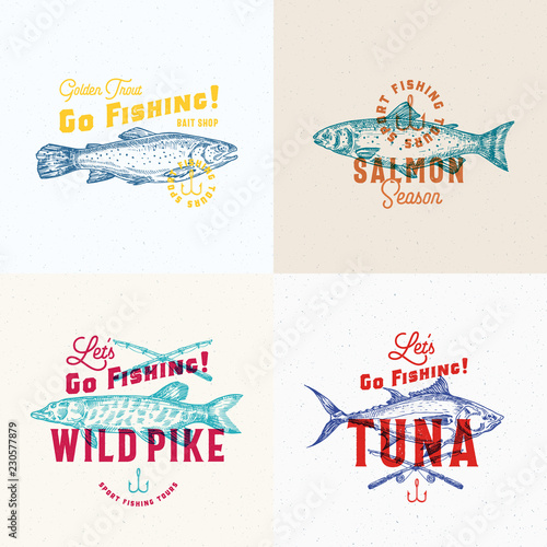 Fishing Labels Set. Abstract Vector Signs, Symbols or Logo Templates. Hand Drawn Pike, Tuna, Trout and Salmon Sketches with Fishing Rods and Hooks and Retro Typography. Vintage Textured Emblems.