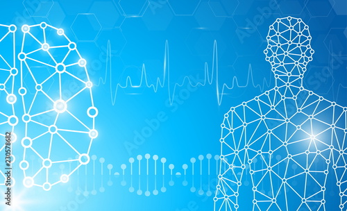 abstract background technology concept in blue light,brain and human body heal ,technology modern medical science in future and global international medical with tests analysis clone DNA human