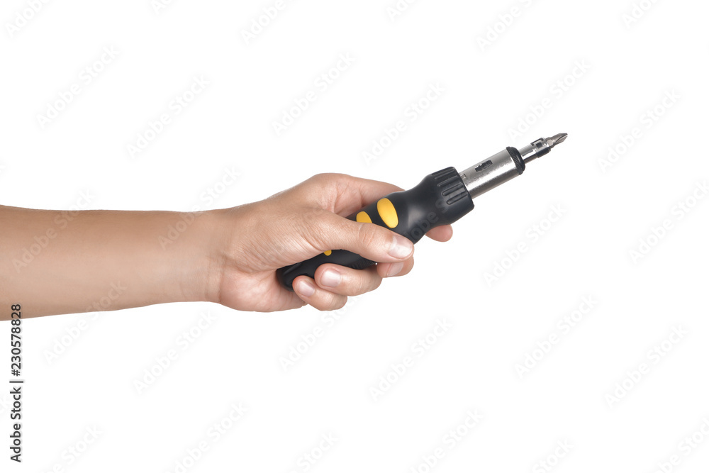 Screwdriver in male hand isolated on white Screwdriver in male hand isolated on white