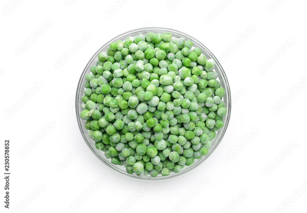 Bowl with frozen green peas on white background Bowl with frozen green peas on white background