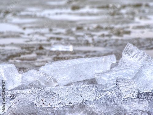 Pieces of clear natural ice on frozen lake,  very close up view. Early mealting of ice photo