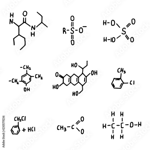 chemical formulas complex icons set. isolated objects silhouettes