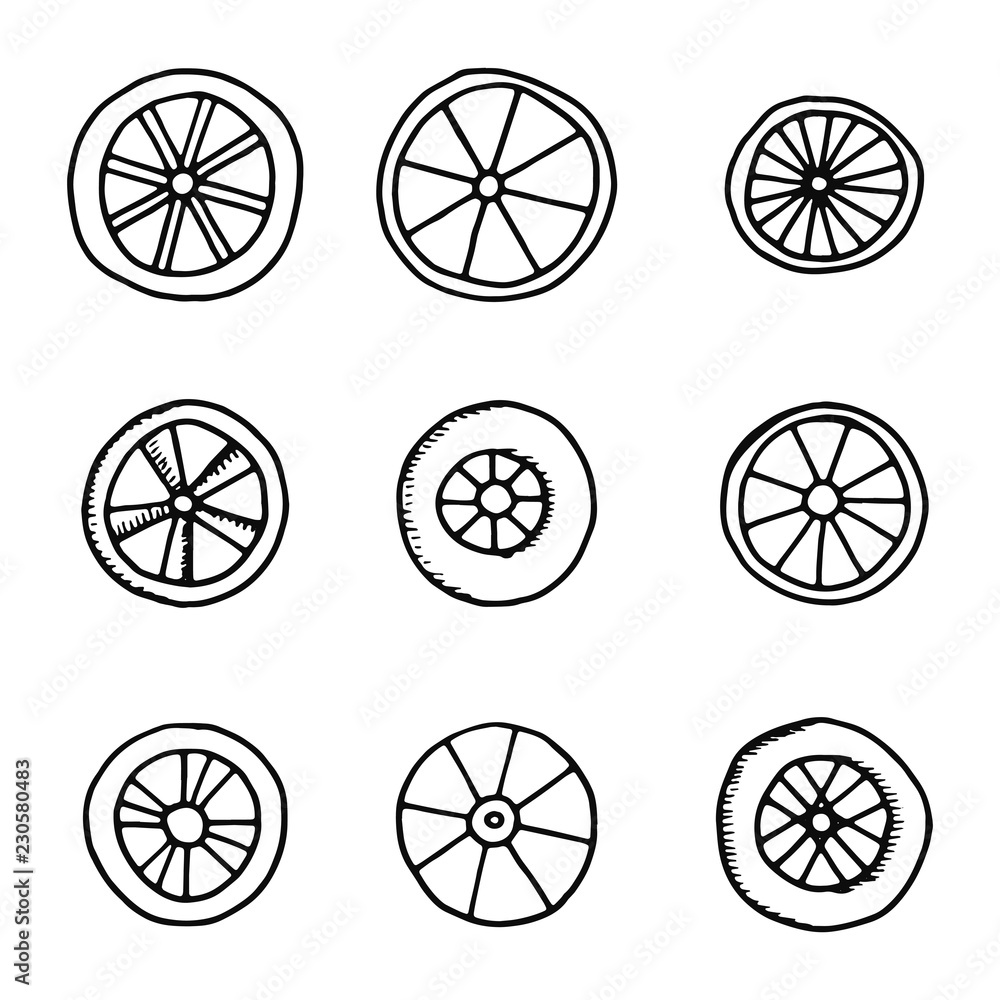 wheels icons set. isolated objects silhouettes wheels icons set. isolated objects silhouettes