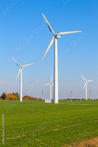 Wind turbines among a green field on a sunny autumn day