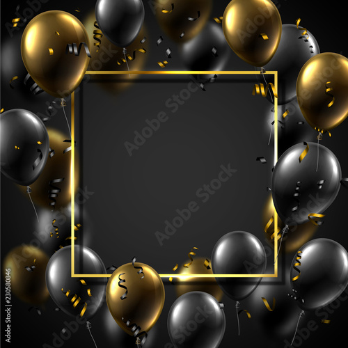 Festive background with square frame, shiny balloons and serpentine.