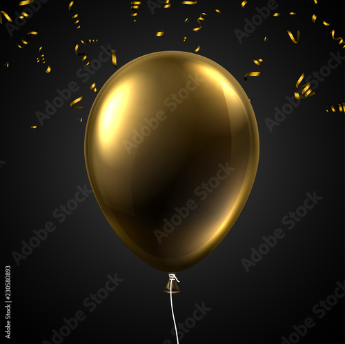 Black festive background with golden shiny balloon and serpentine.