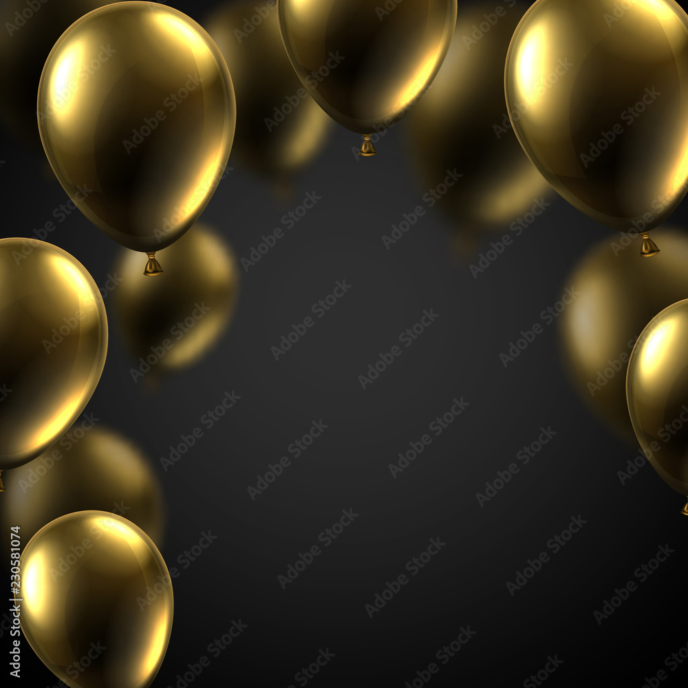Black festive background with gold shiny balloons. Holiday decoration.  Stock Vector | Adobe Stock