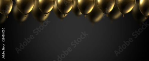 Black festive banner with gold shiny balloons. Holiday decoration.
