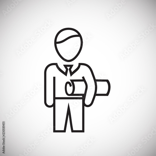 Businessman with blueprint thin line on white background icon
