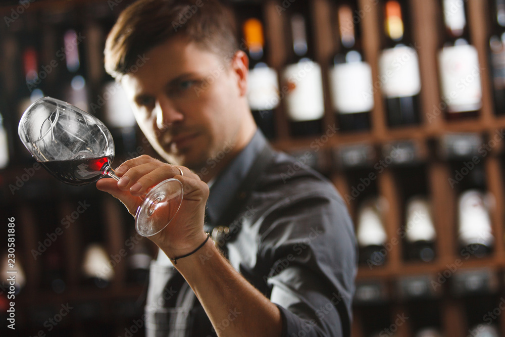 Bokal of red wine on background, male sommelier appreciating drink Bokal of red wine on background, male sommelier appreciating drink