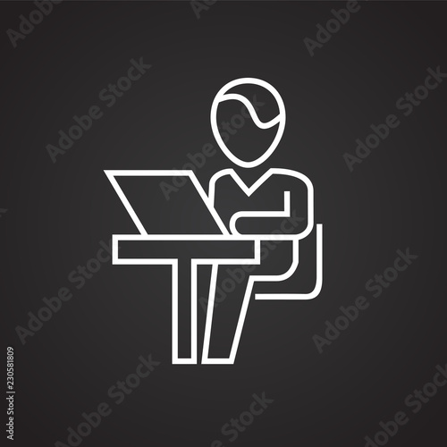 Business personnel working on computer thin line on black background icon