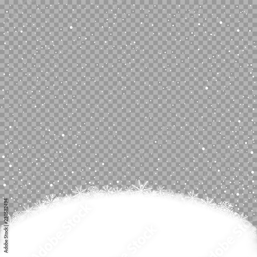 Snowfalls and snow hump template. Blue sky snowy winter background. Frosty close-up wintry snowflakes. Ice snowdrift. Christmas holiday decoration backdrop