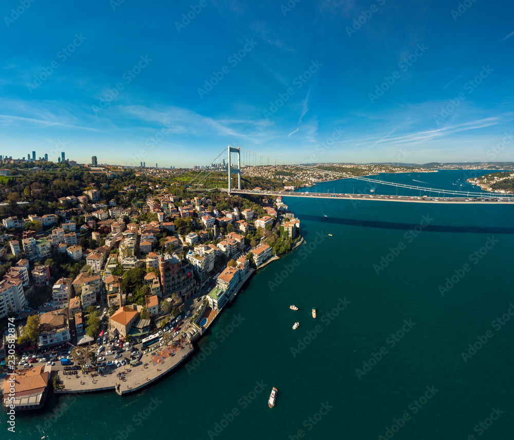 Obraz premium Aerial view of Fatih Sultan Mehmet Bridge and European side of Istanbul