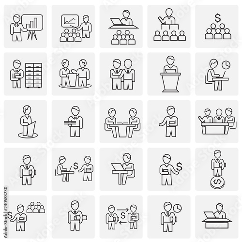 Business collaboration thin line set on squares background icons