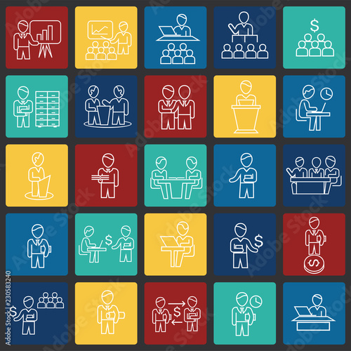 Business collaboration thin line set on color squares background icons