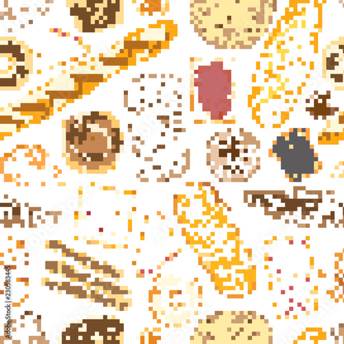 Colorful seamless pattern with tasty homemade baked breads, buns, baguettes, bagels, croissants, pretzels, toasts and wafers on white background