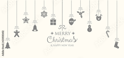 Christmas and New Year banner with hanging decorations. Vector.