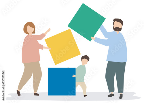 Family holding colorful blocks illustration