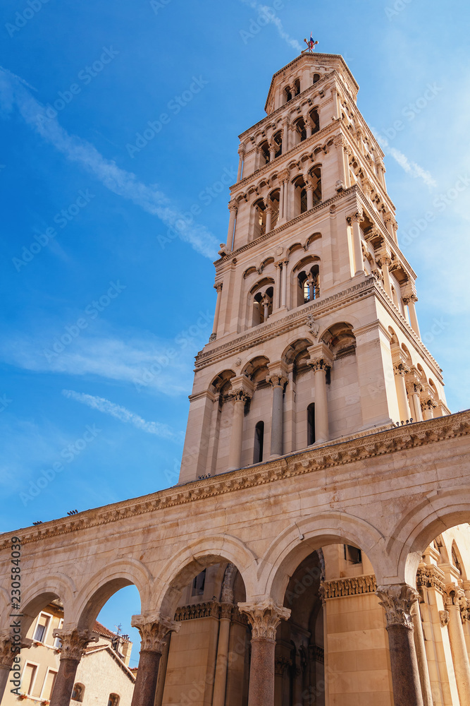 view of a fragment of the Cathedral of Saint Domnius in the Croatian city of Split on the blue sky background
