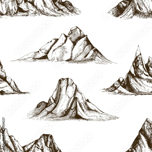 Monochrome seamless pattern with mountain peaks hand drawn with contour lines on white background. Backdrop with rocky cliffs. Vector illustration in vintage woodcut style for fabric print, wallpaper.