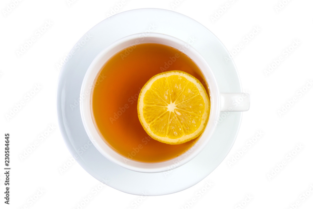 Cup of tea with lemon on a saucer top view isolated on white background
