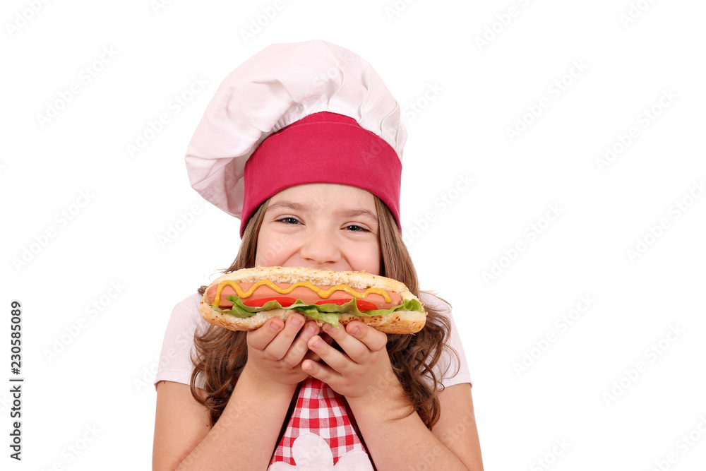 beautiful happy little girl cook with hot dog fast food beautiful happy little girl cook with hot dog fast food