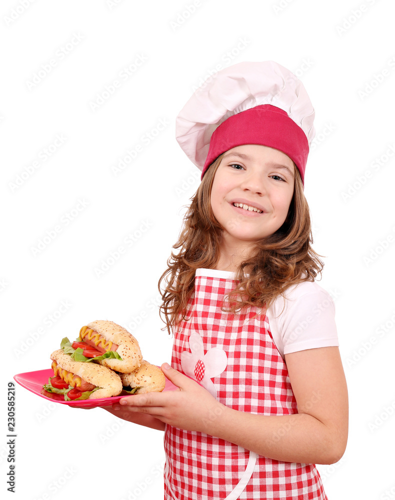 happy little girl cook with hot dogs fast food happy little girl cook with hot dogs fast food