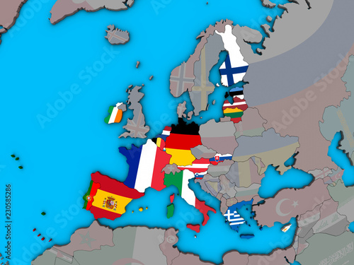 Eurozone member states with embedded national flags on blue political 3D globe.