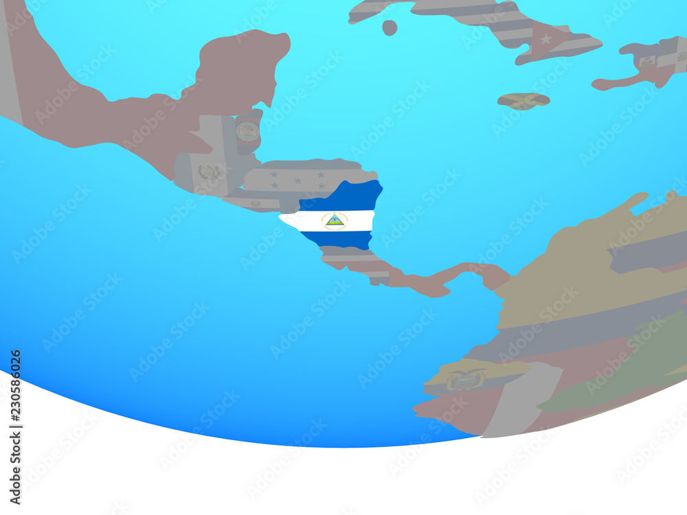 Nicaragua with national flag on simple political globe.