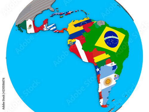 Latin America with embedded national flags on blue political 3D globe.