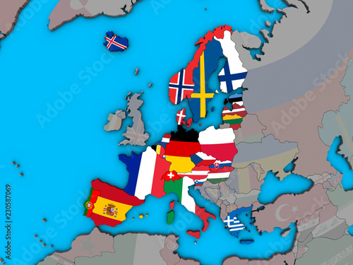 Schengen Area members with embedded national flags on blue political 3D globe.