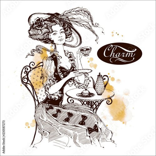 The girl with the hat and the vintage dress. Lady drinks tea. Beautiful woman. Charm. Inscription. Graphics. Watercolor. Vector