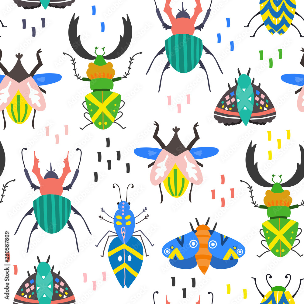 Scandinavian style bugs. Hand drawn colored vector seamless pattern