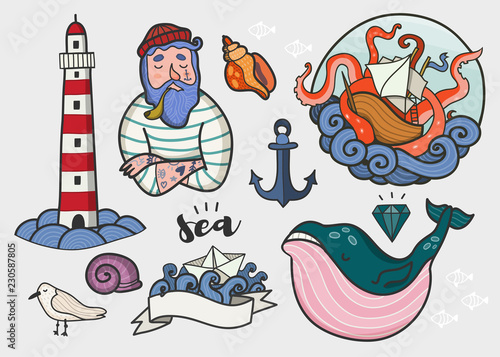 Nautical elements. Hand drawn colored vector set. All elements are isolated