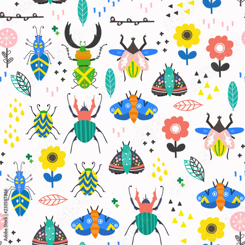 Print op canvas Scandinavian style bugs and flowers