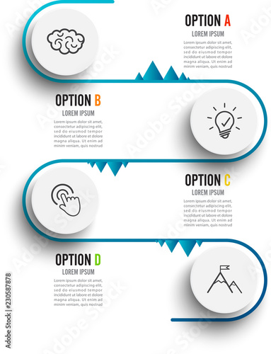 Vector infographic template with 3D paper label, integrated circles. Business concept with 4 options. For content, diagram, flowchart, steps, parts, timeline infographics.