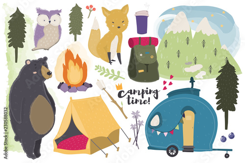 It's camping time! Hand drawn colored vector set. All elements are isolated