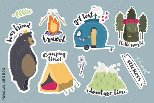 Camping stickers. Hand drawn colored vector set. All elements are isolated