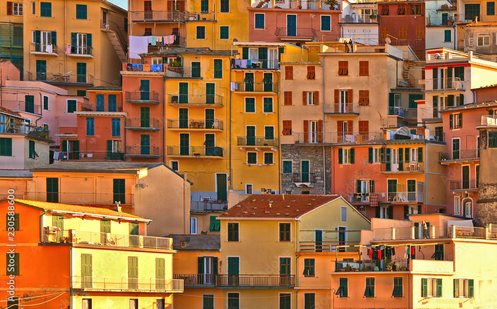 colorful house, buildings and old facade with windows in small picturesque village Manarola Cinque terre in liguria, italy
