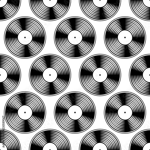 Black and white vinyl record seamless pattern.