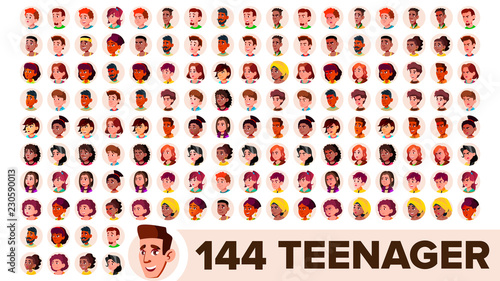 Teenager Avatar Set Vector. Girl, Guy. Multi Racial. Face Emotions. Multinational User People Portrait. Male, Female. Ethnic. Modern Default Placeholder Icon. Flat Cartoon Illustration