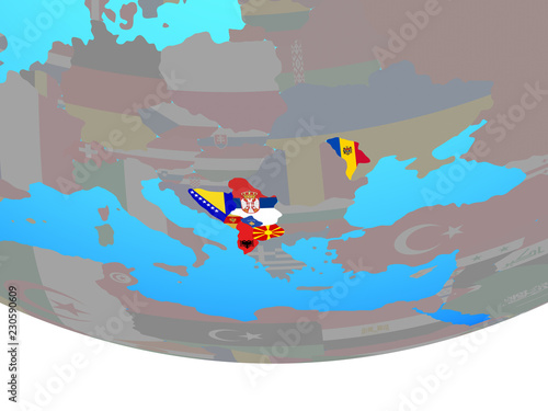 CEFTA countries with national flags on simple political globe. photo