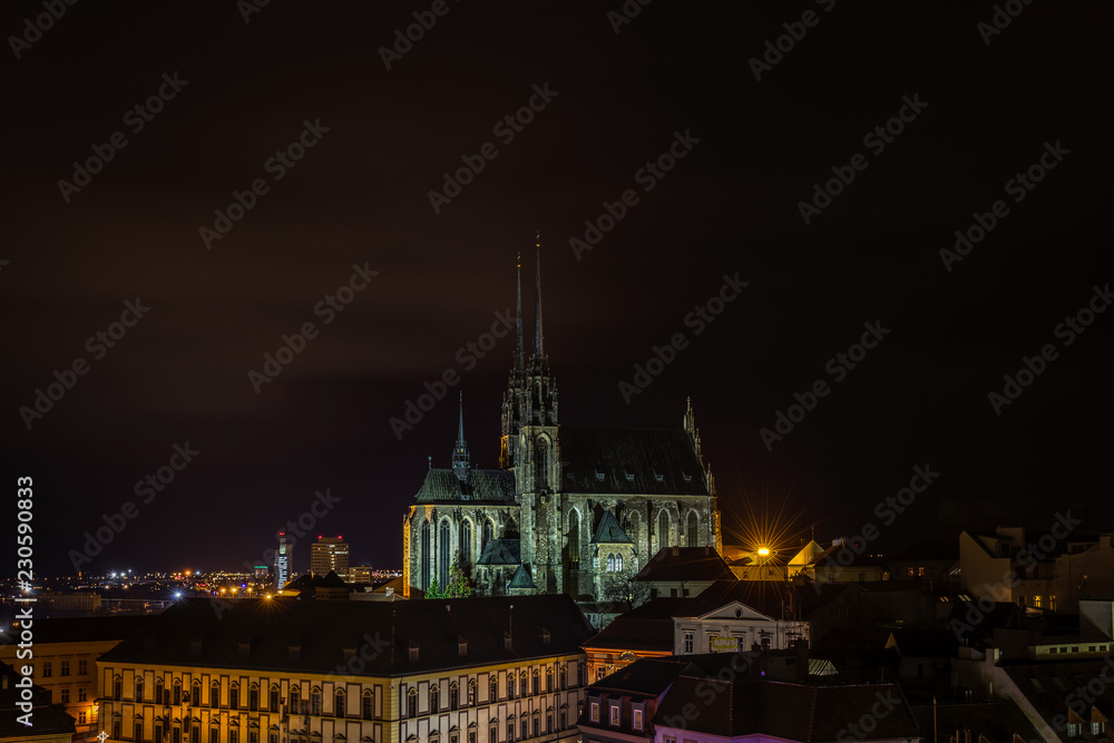 Scenic view on chrismas Brno center Zelny trh and cathedral of Saint Peter