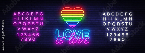 Love is Love neon text vector design template. LGBT neon logo, light banner design element colorful modern design trend, night bright advertising. Vector illustration. Editing text neon sign