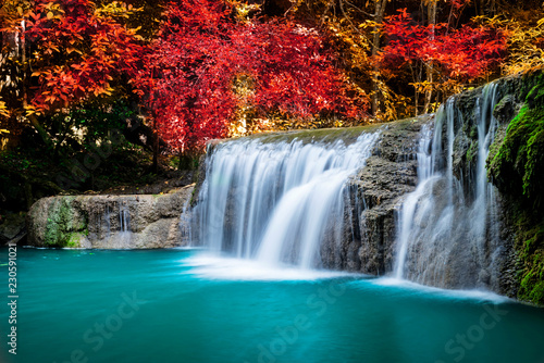 Amazing in nature  wonderful waterfall at autumn forest in fall season. 