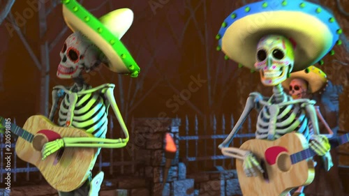 Seamless animation mexican sugar skeletons playing guitar in a graveyard. Funny Halloween 4K background. photo