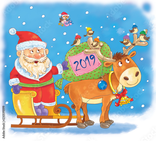 Fototapeta Naklejka Na Ścianę i Meble -  Christmas. New Year. Year of Pig. Greeting card. Coloring page.  Cute and funny cartoon characters