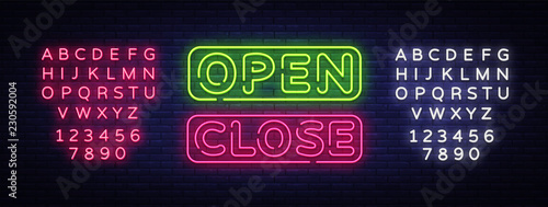 Open Close Neon Text Vector. Open Close neon signboard, design template, modern trend design, night neon signboard, night bright advertising, light banner, light art. Vector. Editing text neon sign