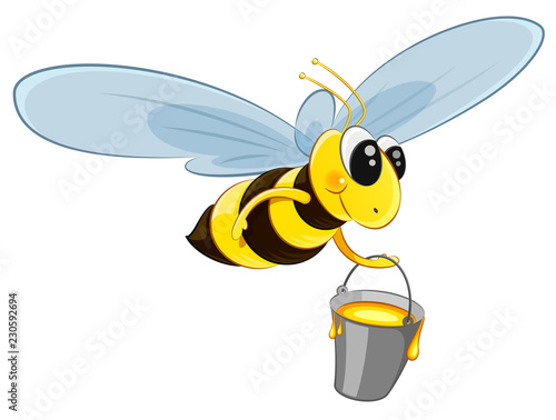 Character bee with a bucket. Flies to collect honey. Isolated on white background. EPS10 vector illustration.